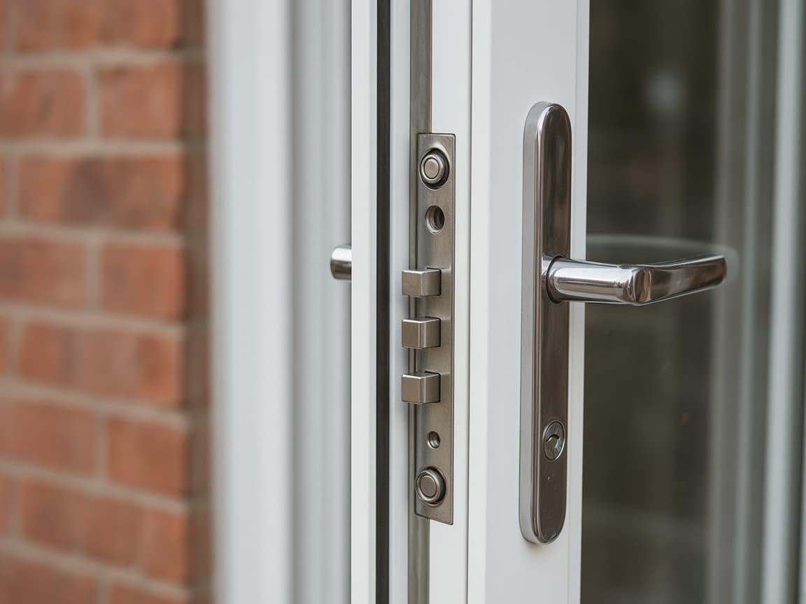 Patio door lock mechanism in the edge of a white UPVC door