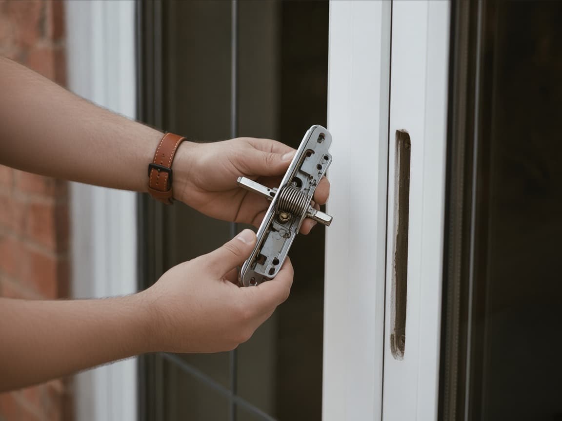 UPVC door handle removed from the door, spring cassette visible