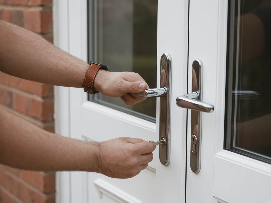 Hand lifting the lever handle on a white UPVC door