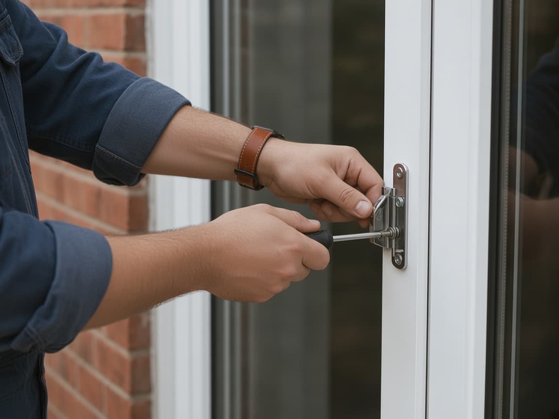 Locksmith adjusting a hinge on a white UPVC door