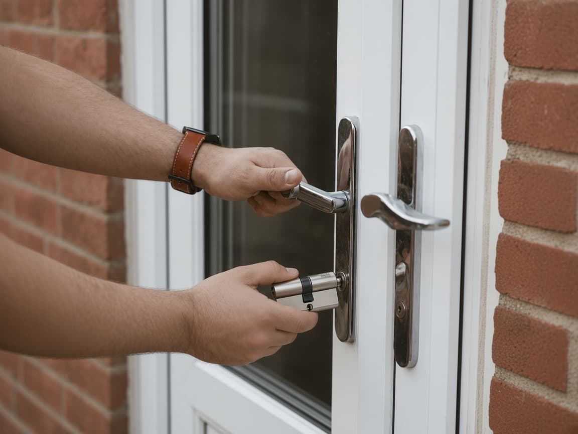Locksmith holding a euro cylinder at a white UPVC front door