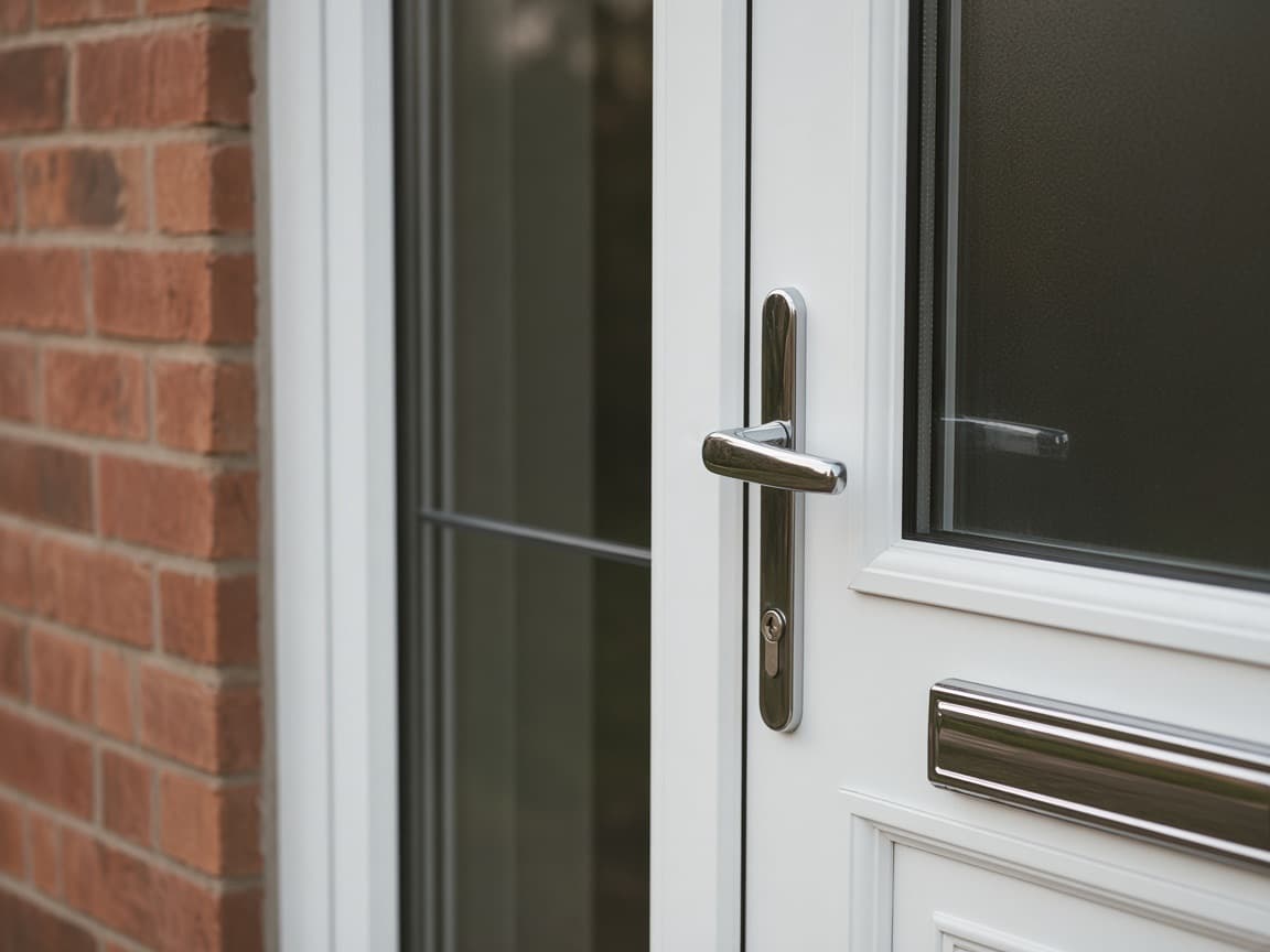 White UPVC front door with a chrome handle and lock