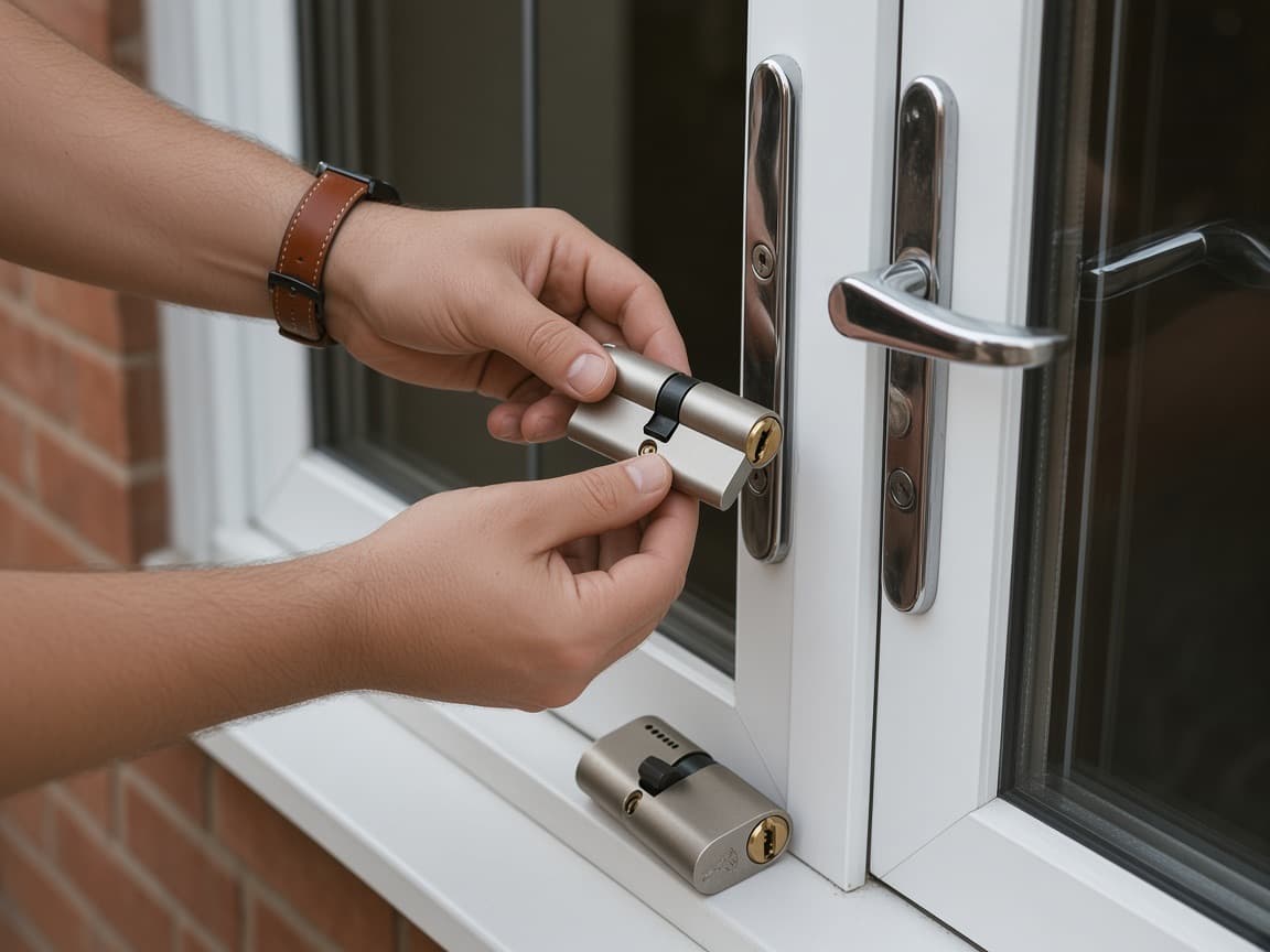 Euro lock cylinder held beside a white UPVC door
