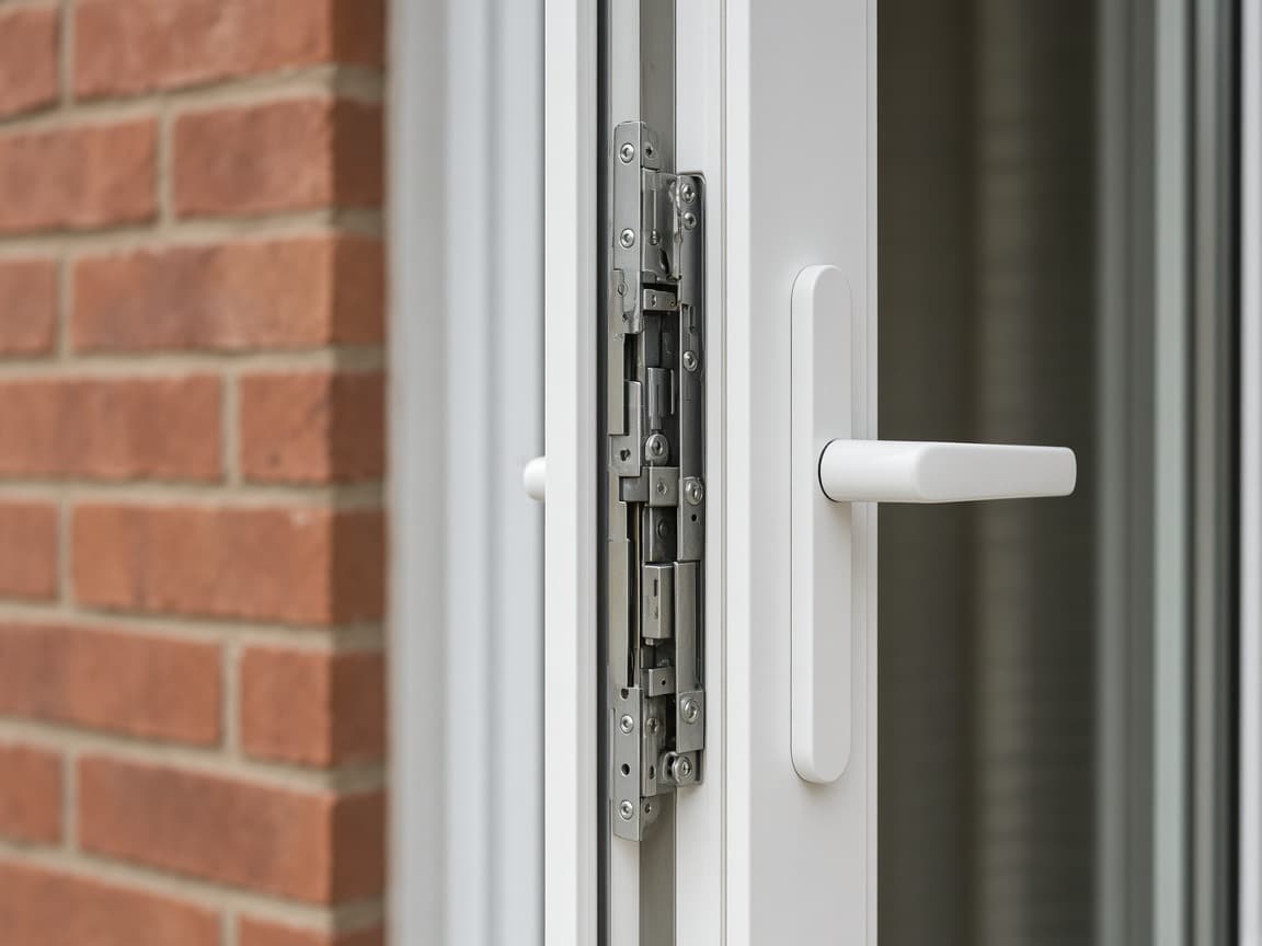 Multipoint lock mechanism in the edge of an open white UPVC door